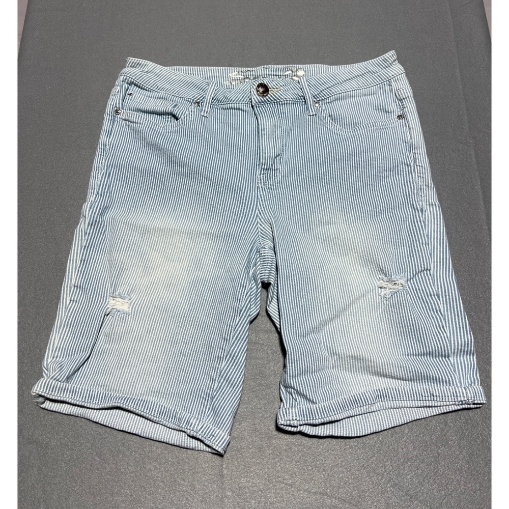 Seven7 Weekend Bermuda Shorts Womens 10 Blue White Pinstripe Distressed MY3207MA